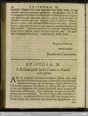 Epistola IX. S. D. Generose & Inclite Comes ac Domine colendissime