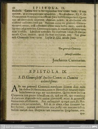 Epistola IX. S. D. Generose & Inclite Comes ac Domine colendissime