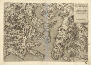 Ultimo disegno delli forti di Malta venuto nuovamente : doue si vede la battaria che fanno li Turchi per li artegliaria posta In diuersi luoghi. Appresso si mostra il luogo de doue li Turchi hanno transportato li schifi è Barche per Terra in Mare, per dare l'assalto d'Improuiso à San Michele, et come sono state Affondate dalli ss.ri Caualiere et soldati et si vedo il porto di MarZa musetto doue hoggi sta l'Armata del Turco segnato per lettera. A et se il tutto non è cosi limato, come si douria Imputase alli torbolenti tempi, che non lassano fare à quelli che sonno in malta (quali hanno mandato il disegno) le cose con quella Comodità che se recerca, et quello che si fà, tutto è, accio li gentili spiritj habbino Continuo Cose nuoue: