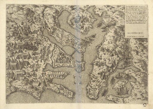 Ultimo disegno delli forti di Malta venuto nuovamente : doue si vede la battaria che fanno li Turchi per li artegliaria posta In diuersi luoghi. Appresso si mostra il luogo de doue li Turchi hanno transportato li schifi è Barche per Terra in Mare, per dare l'assalto d'Improuiso à San Michele, et come sono state Affondate dalli ss.ri Caualiere et soldati et si vedo il porto di MarZa musetto doue hoggi sta l'Armata del Turco segnato per lettera. A et se il tutto non è cosi limato, come si douria Imputase alli torbolenti tempi, che non lassano fare à quelli che sonno in malta (quali hanno mandato il disegno) le cose con quella Comodità che se recerca, et quello che si fà, tutto è, accio li gentili spiritj habbino Continuo Cose nuoue:
