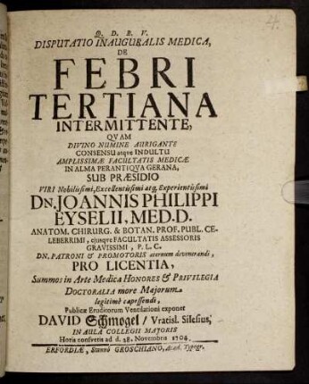 Disputatio Inauguralis Medica, De Febri Tertiana Intermittente