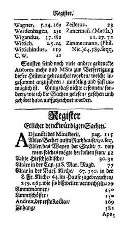 Register Etlicher denkwürdigen Sachen.