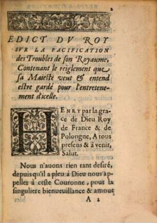 Edict du Roy, Svr La Pacification des Troubles de ce Royaume : Leu & publié, ledit Seigneur seant en son Parlement, le 14. iour de May, 1576