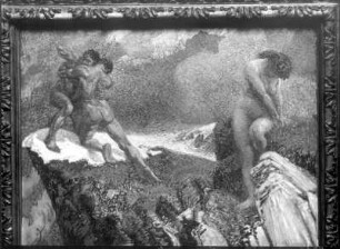 Sitzender Akt auf Fels und kämpfende Rivalen : Sitzender Akt auf Fels und kämpfende Rivalen. Öl. um 1898