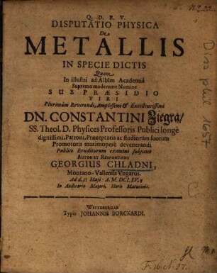 Disputatio Physica De Metallis In Specie Dictis