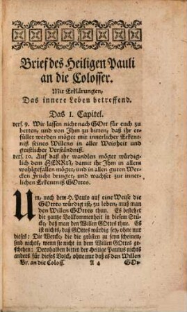 Der Brief des H. Apostels Pauli an die Colosser : mit Erklärungen, das Innere Leben betreffend