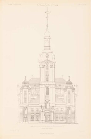 Johanniskirche, Leipzig: Ansicht von Westen (aus: Atlas zur Zeitschrift für Bauwesen, hrsg. v. Ministerium der öffentlichen Arbeiten, Jg. 51, 1901)