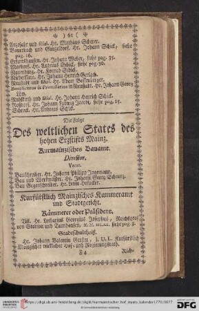 Die Folge des weltlichen States des hohen Erzstifts Mainz