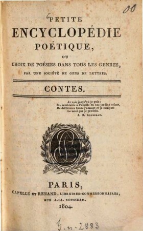 Petite encyclopédie poétique : ou choix de poésies dans tous les genres, 9. Contes. - 1804. - 252 S.