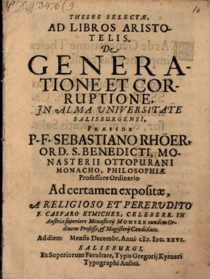 Theses selectae ad libros Aristotelis de generatione et corruptione