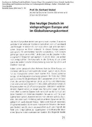 Das heutige Deutsch im vielsprachigen Europa und im Globalisierungskontext