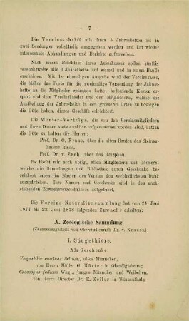 Zuwachs der Vereins-Naturaliensammlung