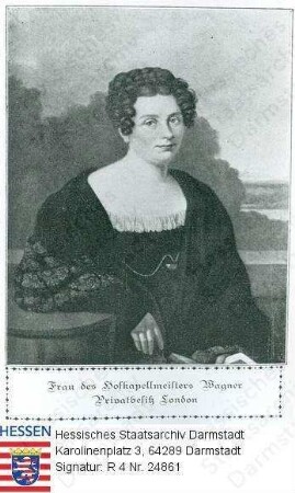 Wagner, Johanna Christine geb. Werner (1783-1822) / Porträt, vor Landschfatshintergrund sitzend, Halbfigur, mit Bildlegende