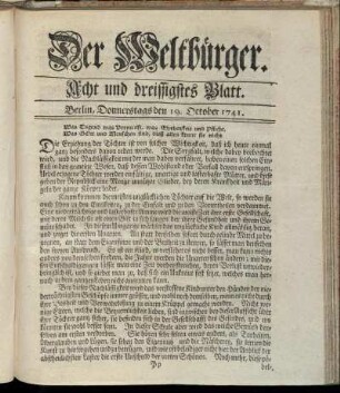 Acht und dreißigstes Blatt. Berlin, Donnerstags den 19. October 1741.
