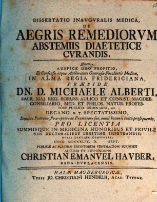 Diss. inaug. med. de aegris, remediorum abstemiis diaetice curandis