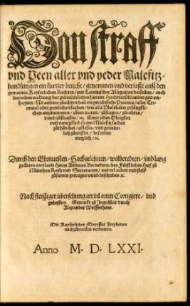 Von straff und Peen aller und yeder Malefitzhandlungen ein kurtzer bericht ...
