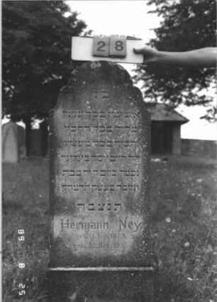 Grabstein 28 (Index: 100108095) Material: grauer Kunststein Zustand: bewachsen Maße HxBxT: 120x48x15 cm Beschreibung: Stele mit mehrfach eingezogenem Rundbogenabschluß, Sockel: Grabstein 28 (Detailaufnahme)