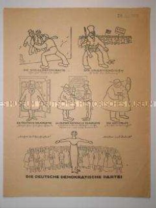 Illustriertes Flugblatt der DDP mit Karikaturen zur Wahl des preußischen Landtags 1919