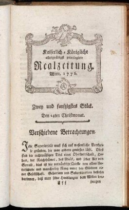 Zwey und fünfzigstes Stück. Den 24ten Christmonat. Wien, 1776.