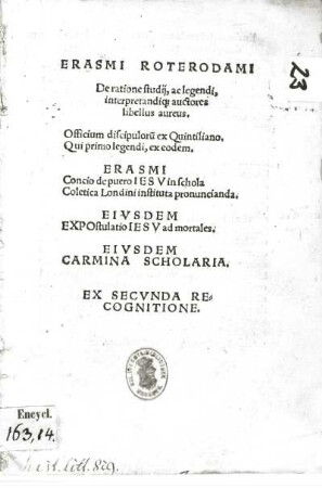 Desiderius Erasmus von Rotterdam: De ratione studii ac legendi interpretandique auctoris libellus. Leipzig, 1526. Buchdruck. Titelblatt. Dresden: SLUB Encycl. 163, XIV