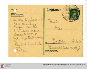 Familienkorrespondenz Klee: Postkarte von Felix Klee an Lily Klee und Paul Klee