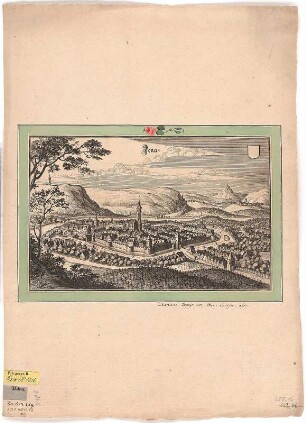 Ansicht von Jena, Kupferstich, 1650 : Jena / [Hrsg. und Stecher: Matthaeus Merian]. - [Franckfurt] : [Matthaeus Merian] , [1650]. - 1 Kunstbl. : Kupferstich ; 32 x 21 cm