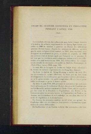 Essais De Culture Effecttués En Indo-Chine Pendant L'Année 1908.