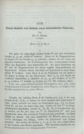 XVII. Ueber Schnitt und Schein eines windschiefen Vierecks.
