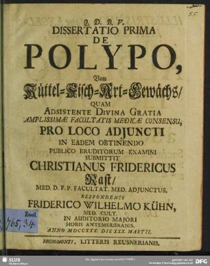 Dissertatio Prima De Polypo, Vom Küttel-Fisch-Art-Gewächs