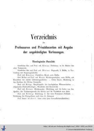 Verzeichnis der Professoren und Privatdocenten mit Angabe der angekündigten Vorlesungen.