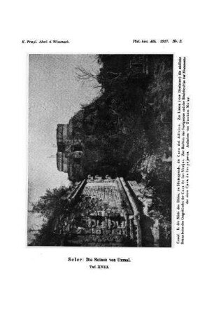 Taf. XVIII. : Uxmal. In der Mitte des Bildes, im Hintergrunde, die Casa del Adivino. Zur Linken (vom Beschauer) die südliche Schmalseite des Ostgebäudes der Casa de las Monjas. Zur Rechten das Gurtgesims und der Säulchenfries der Hinterseite der einen Casa de los pájaros. Aufnahme von Teobert Maler.