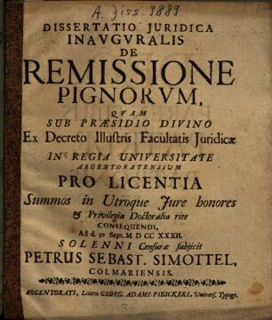 Dissertatio Iuridica Inauguralis De Remissione Pignorum