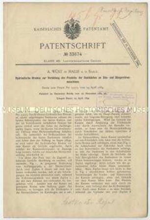 Patentschrift einer hydraulischen Bremse zur Verhütung des Pendelns der Saatkästen an Sä- und Düngerstreumaschinen, Patent-Nr. 33674