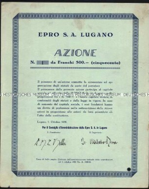 Aktie der EPRO AG Lugano über 500 Schweizer Franken
