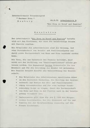 Resolution "Die Frau in Beruf und Familie"