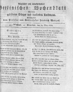 491stes Stück, Sonnabend den 30. May 1818