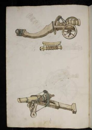 Geschütz auf Räderlafette, Detail eines Getriebes ;vierläufige Büchse auf Räderlafette mit Höhenverstellung.