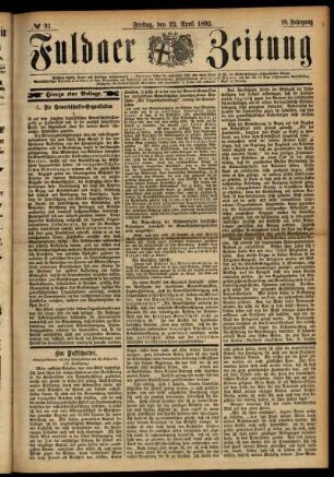 Erste Ausgabe vom Freitag, den 22. April 1892.