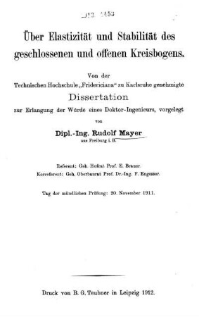 Über Elastizität und Stabilität des geschlossenen und offenen Kreisbogens