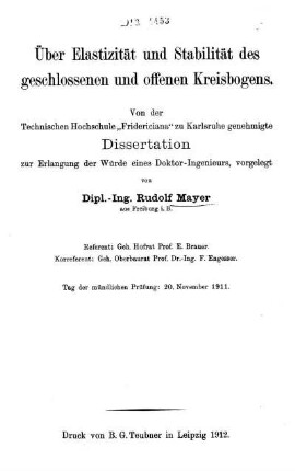 Über Elastizität und Stabilität des geschlossenen und offenen Kreisbogens