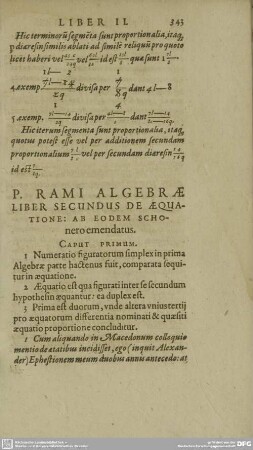 P. RAMI ALGEBRAE LIBER SECUNDUS DE AEQUATIONE: AB EODEM SCHOnero emendatus.