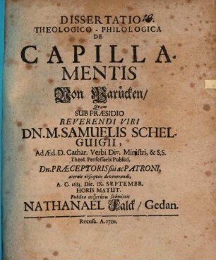 Diss. theol. philol. de capillamentis, von Parücken