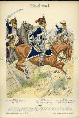 Uniformdarstellung, Gemeine verschiedener Husaren-Regimenter, Königreich Großbritannien, 1815.