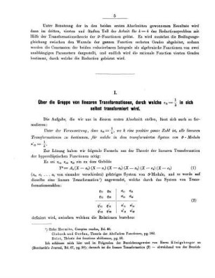 I. Über die Gruppe von linearen Transformationen, durch welche ... in sich selbst transformiert wird.