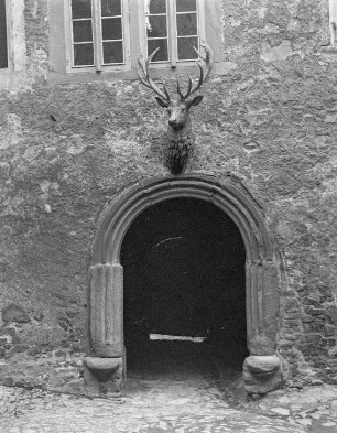 Burg Falkenstein : Hirsch-Skulptur über einem Sitznischenportal