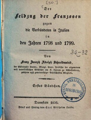 Der Feldzug der Franzosen gegen die Verbündeten in Italien in den Jahren 1798 und 1799, 1