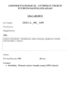 JUBILEE CEREMONY, BETHESADA GIRLS' SCHOOL, WOMENS' CENTRE, ADIVASI GIRLS' HOSTEL