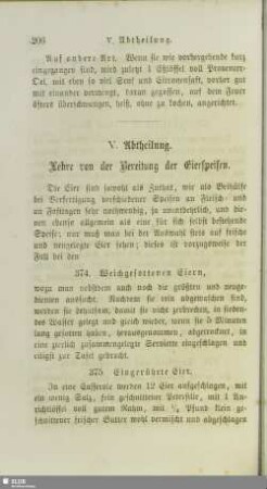 V. Abtheilung. Lehre von der Bereitung der Eierspeisen
