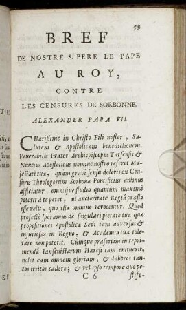 Bref De Nostre S. Pere Le Pape Au Roy, Contre Les Censures De Sorbonne. Alexander Papa VII.