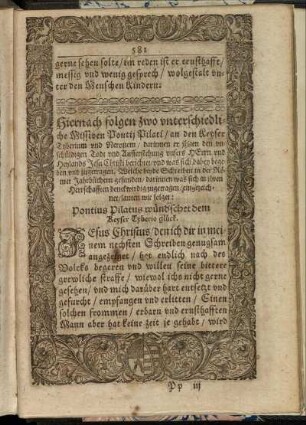 Hiernach folgen zwo unterschiedliche Missiven Ponti Pilati [...]